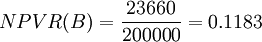 NPVR(B)=frac{23660}{200000}=0.1183