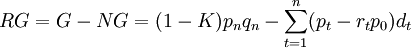RG=G-NG=(1-K)p_nq_n-sum_{t=1}^n(p_t-r_tp_0)d_t