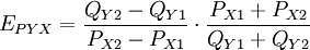 E_{PYX}=frac{Q_{Y2}-Q_{Y1}}{P_{X2}-P_{X1}}cdot frac{P_{X1}+P_{X2}}{Q_{Y1}+Q_{Y2}}