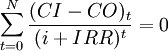 sum_{t=0}^Nfrac{(CI-CO)_t}{(i+IRR)^t}=0