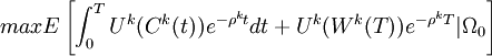 max E left[ int_{0}^{T} U^k (C^k (t))e^{- rho ^{k}t}dt + U^k (W^k(T))e^{-rho^{k}T} | Omega_{0}right]