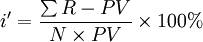i^prime=frac{sum R-PV}{Ntimes PV}times100%